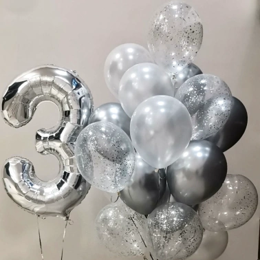 Сет из фольгированой цифры и фонтана из хромовых шаров с конфетти