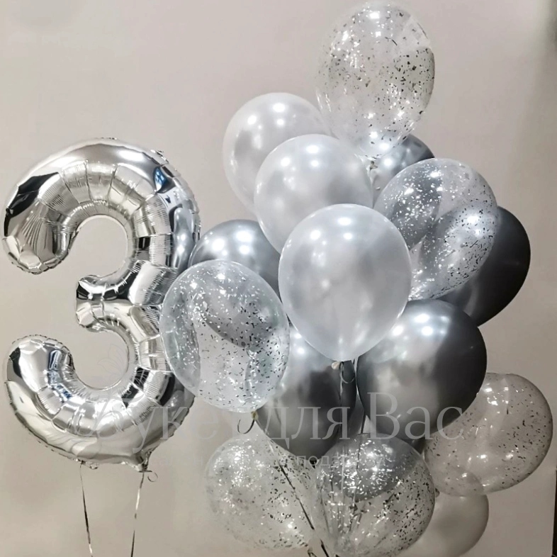 Сет из фольгированой цифры и фонтана из хромовых шаров с конфетти