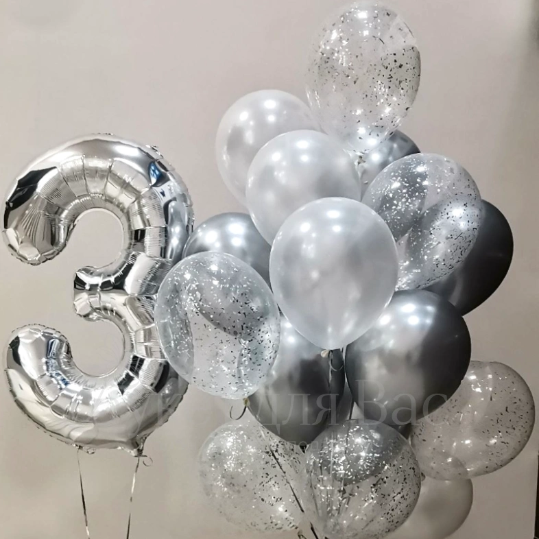 Сет из фольгированой цифры и фонтана из хромовых шаров с конфетти